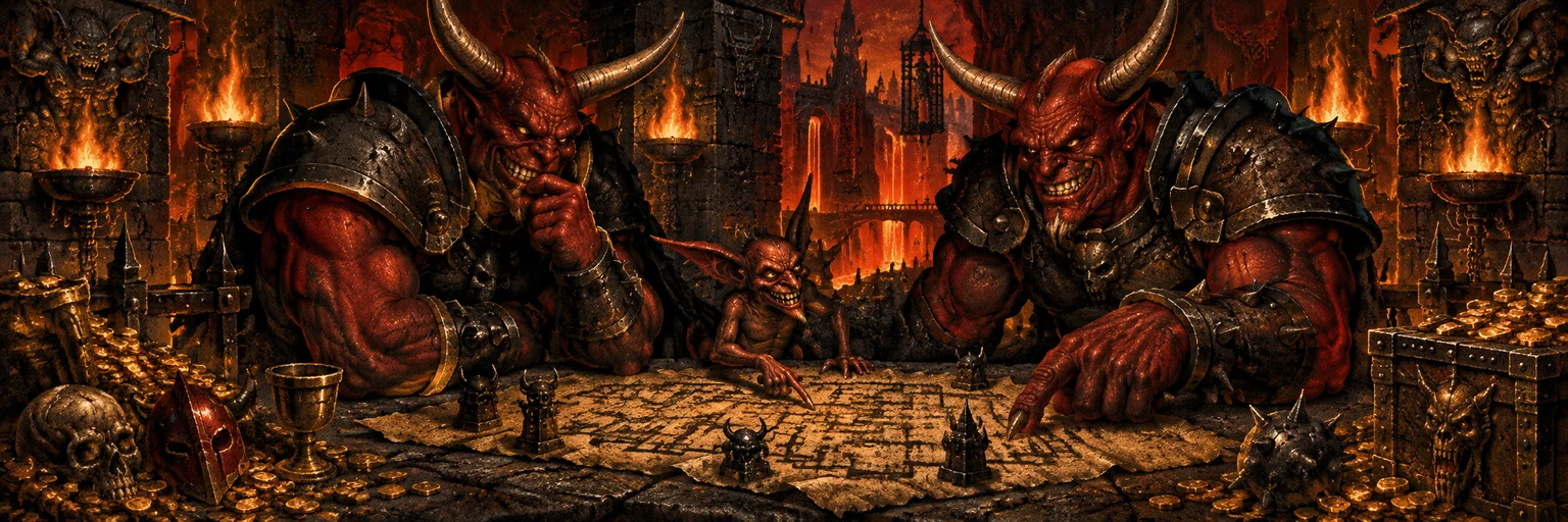 Two horned dungeon overlords plotting together over a map while an imp looks on.